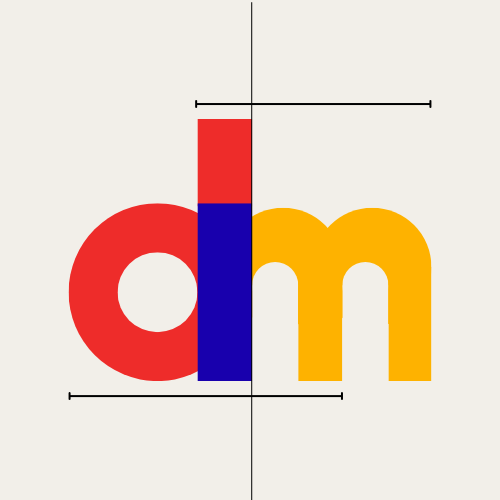 De Morais logo - abstract geometric monogram with red D and yellow M on white background